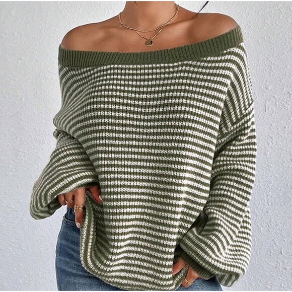 NWT Cupshe Women’s Small Oversized Striped Knit Off Shoulder Sweater Top Green - Picture 2 of 7